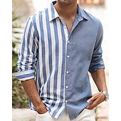 cheap Men&#039;s Button Up Shirts-Men&#039;s Shirt Summer Shirt Casual Shirt Beach Shirt Button Up Shirt Blue White Long Sleeve Vertical Stripes Lapel Vacation Hawaiian Button-Down Clothing Apparel Cotton Blend Fashion Casual Comfortable