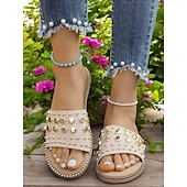 abordables Sandales de Vacances-Sandales à enfiler noires cloutées pour femmes – sandales plates tendance à rivets dorés pour l&#039;été, la plage et les sorties décontractées