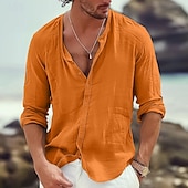 preiswerte Urlaub-Herren Hemd Leinenhemd Sommerhemd Strandhemd Hemden zum Herausstecken Einfach Urlaub Lässig Schwarz Weiß Orange Grau Langarm Stehkragen Frühling &amp; Sommer Bekleidung