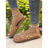 abordables Sandales de Vacances-Sandales à enfiler noires cloutées pour femmes – sandales plates tendance à rivets dorés pour l&#039;été, la plage et les sorties décontractées