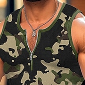 ieftine Tricouri de Sală-Bărbați Maiou cu vafe Bluză Vest Top Sub Cămașă Fără manșon Stil Nautic Quarter Zip Vară Culoare Camuflaj Sport Modă Comfortabil Imprimeu Casual Plajă Sală de Fitness Roșu-aprins Trifoi Verde Militar