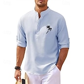 preiswerte Freizeithemden für Herren-Herren Minimalistisches Aloha-Shirt Popover-Hemd Sommerhemd Freizeithemd Strandhemd Waffelstrickhemd Schwarz Weiß Blau Himmelblau Dunkelgray Langarm Kokospalme Klassisch Stehkragen Henley Urlaub