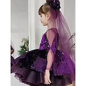 baratos Vestidos de Festa-Infantil Para Meninas Vestido Vestido de festa Côr Sólida Manga Longa Espetáculo Paetês Com Transparência Princesa Doce Com Transparência Acima do Joelho Vestido da bainha Vestido De Tule Verão
