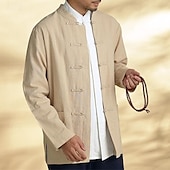 economico Casual da lavoro-Per uomo Camicia camicia di lino Maglietta informale Camicia con bottoni Camicia di cotone Liscio Da mare Hawaiano Nero Blu marino Cachi Manica lunga A fascia Primavera Abbigliamento Tasca frontale