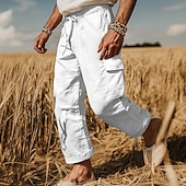 levne Retro-Pánské Kargo kalhoty Plátěné kalhoty Kalhoty Letní kalhoty Plážové kalhoty Šňůrky Elastický pas Multi kapsa Bez vzoru Pohodlné Prodyšné Plná délka Venkovní Ležérní Dovolená Módní Retro Černá Bílá