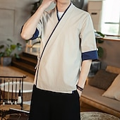 economico Casual da lavoro-Per uomo Camicia camicia di lino Maglietta informale Camicia di cotone Color Block Da mare Per eventi Blu marino Albicocca Mezza manica A V Estate Abbigliamento Collage