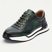 billiga Premium sneakers i läder-herrskor i premiumkohud i mörkgrönt och svart, snygg sportig design för vardagligt och aktivt slitage