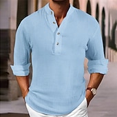 economico Camicie Popover da Uomo-Per uomo Camicia Camicia Estiva Camicia casual Camicia da Spiaggia Camicia con Bottoni Nero Bianco Azzurro cielo Manica Lunga Semplice Colletto Mao Vacanza Camicia hawaiana Bottonato Abbigliamento