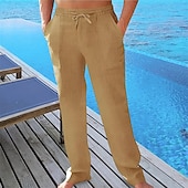 cheap Holiday-Men&#039;s Linen Pants Trousers Summer Pants Beach Pants Pocket Drawstring Elastic Waist Plain Comfort Breathable Vacation Daily Holiday Hawaiian Boho ArmyGreen Black