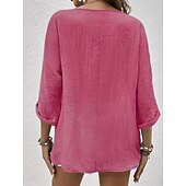 preiswerte Hemden-Damen Hemd Baumwoll-Leinen-Hemden Knopfleiste Bluse Einfach Basic Modern Langarm V Ausschnitt Normale Oberteile Täglich Ferien Knöpfe Rosa Blau Purpur Grün Khaki Sommer