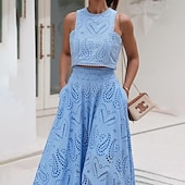 preiswerte Elegante Blumenkleider-Damen kleid lang Zweiteiliges Kleid Elegant Modisch Urlaub Verabredung Ausgehen Regular Fit Glatt Ärmellos Rundhalsausschnitt Schwarz Weiß Gelb Rosa Sommer