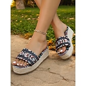 cheap Vacation Sandals-Women&#039;s Bohemian Woven Platform Sandals – Ethnic Print Slip-On Espadrille Wedge Slides for Summer, Beach &amp; Casual Wear