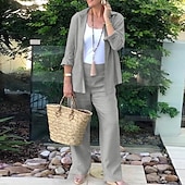 voordelige Stelt in-Dames Dagelijks Overhemd Katoenen linnen sets Tweedelige sets Lange mouw Overhemdkraag Effen Kleur Dubbele Rij Knopen Alledaagse kleding Casual / Dagelijks Leger Groen Donker Marineblauw Grijs Zomer