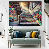 billige kunsttepper-Graffiti Bygning Trapper Henger Tapestry Veggkunst Stor Tapestry Mural Dekor Fotograf Bakgrunnsdekkende Teppe Gardin Hjem Soverom Stue Innredning