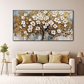 preiswerte Blumen-/Botanische Gemälde-3D strukturiertes Goldölgemälde, handgemalte Wandkunst, Goldfoliengemälde, Bäume, Kunstgemälde, handgemachtes goldweißes blühendes Turmbaumgemälde auf Leinwand für Wohnzimmerkunst, Naturmalerei,