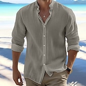 cheap Vacation-Men&#039;s Shirt Summer Shirt Beach Wear Button Up Shirt Black White Pink Red Long Sleeve Plain Band Collar Spring &amp; Summer Casual Daily Clothing Apparel 100% Cotton