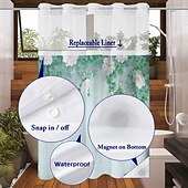 baratos Cortinas de Banho-Cortina de Chuveiro Texturizada em Malha de Waffle com Folhas com Forro Removível e Janela Transparente Repelente à Água em Poliéster Topo com Ilhós 120GSM Qualidade de Hotel Estilo Spa Divisão de