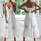 cheap White Casual Dresses-Women&#039;s Midi Dress Cotton Linen Dress Slip Dress Boho Dress Basic Classic Modern Vacation Holiday Going out Regular Fit Plain Sleeveless Spaghetti Strap White Summer