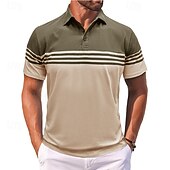 お買い得  メンズ クラシックポロ-男性用 コットンブレンドポロシャツ ゴルフシャツ カジュアル スポーツ クラシック 半袖 ファッション クール カラーブロック 縞柄 ボタン 夏 春 &amp; 秋 レギュラー ダークブラウン ブラック バーガンディー ライトグレー ライトブルー コットンブレンドポロシャツ