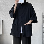 economico Casual da lavoro-Per uomo Camicia Camicia di lino Camicia casual Camicia con Bottoni Camicia di cotone Semplice Vacanza Camicia hawaiana Nero Bianco Blu marino Cachi Mezza Manica Colletto alla coreana Estate