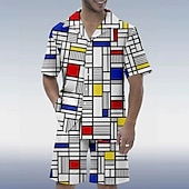 cheap Men&#039;s Printed Shirts Sets-Men&#039;s Color block stitching 2pcs Shirts Sets Shirt Short Sleeve Short Pants Cuban Collar Vacation Casual Daily Party Casual Daily 3D Print Summer Rainbow