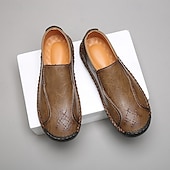 cheap Men&#039;s Slip-ons &amp; Loafers-Men&#039;s Beige Genuine Faux Leather Moccasins – Handmade Stitching Casual Slip-On Driving Shoes for Outdoor &amp; Trave