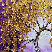 preiswerte Blumen-/Botanische Gemälde-handgemaltes Ölgemälde mit Blattgoldbaum und lila Hintergrund, abstrakte strukturierte Goldbaumgemälde, Kunstwerke, Gemälde für Wohnzimmer, Wanddekoration, Studio, edles Dekor, Einweihungsgeschenk