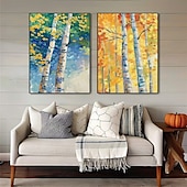 abordables Peintures Abstraites-peinture à l&#039;huile de paysage de forêt d&#039;automne peinte à la main peinture à l&#039;huile d&#039;automne art mural ensemble de 2 peintures abstraites beiges sur toile une paire de peinture de paysage de texture