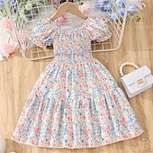 abordables Robes Décontracté-Enfants Fille Robe Fleuri Manche Courte Extérieur Occasionnel Mode Adorable 100% Coton Mi-long Robe Décontractée Robe trapèze Été 4 ans et + Rose Claire Rouge Bleu