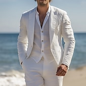 cheap Beach Suits-Men&#039;s Beach Wedding Linen Suits White Beige Lightweight Casual Solid Colored Standard Fit 2 Piece Single Breasted One-button