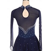 billige Figur skating kjoler-Kjole til kunstløp Dame Jente Skøyteløp Kjoler Mørk Marineblå Lapper Tommelhull Netting Spandex Elastisk Trening Profesjonell Konkurranse Skøyteklær Hold Varm Krystall / Rhinstein Langermet Skøyting