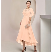 abordables Longueur de cheville-Robe de la mère de la mariée en A formelle invitée de mariage élégante décolleté en V longueur thé en chiffon dentelle manches courtes avec perles appliquées taille personnalisée gratuite