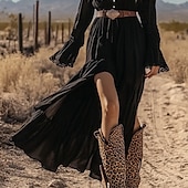abordables Robes Bohémiennes-Femmes Robe Midi Robe bohème Robe occidentale Mode Classique Extérieur Quotidien Fête Coupe régulière Uni manche longue Col en V Noir Été