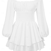 levne Šaty-Retro Středověké Renesanční Mini Šaty Flare šaty Nahoře nabírané Elfí Pod rameny Inspirováno Regency Pevná barva Maškarní kostým Dámské Fantazie Dovolená Běžné / Denní LARP Dospělé Šaty Jaro léto