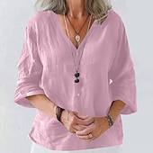 preiswerte Hemden-Damen Bluse Baumwoll-Leinen-Hemden Einfach Basic Modern Dreiviertelarm V Ausschnitt Normale Oberteile Täglich Ferien Ausgehen Knöpfe Schwarz Weiß Rosa Braun Aprikose Sommer