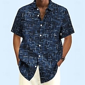 cheap Geometric Pattern-Men&#039;s Geometric Grid / Plaid Shirt Casual Shirt Button Up Shirt Short Sleeve Fashion Casual Vacation Dailywear Summer Spring Turndown 3D Print Collared Shirts Dark Blue