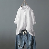 preiswerte Hemden-Damen Hemd Bluse Baumwoll-Leinen-Hemden Einfach Basic Modern Kurzarm Hemdkragen Normale Oberteile Täglich Ferien Ausgehen Knöpfe Weiß Gelb Rosa Marineblau Leicht Blau Sommer