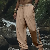 baratos Retrô-Homens Calças de linho Calças Calça verão Calças de praia Patchwork Cintura elástica Com Cordão Tecido Étnico Conforto Respirável Comprimento total Ao ar livre Diário Feriado Moda Retro Vintage