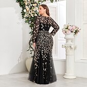 cheap Plus Size Dresses-Mermaid / Trumpet Evening Gown Sparkle Dress Formal Floor Length Long Sleeve Crew Neck Champagne Mother Of the Bride Dress Tulle with Embroidery 2025