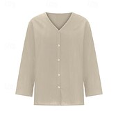 preiswerte Hemden-Damen Bluse Baumwoll-Leinen-Hemden Einfach Basic Modern Dreiviertelarm V Ausschnitt Normale Oberteile Täglich Ferien Ausgehen Knöpfe Schwarz Weiß Rosa Braun Aprikose Sommer