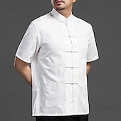 abordables Informal de negocios-Hombre Camisa Camisa de lino Camisa casual Abotonar la camisa Remera de algodón Plano Vacaciones Calle Negro Blanco Azul Marino Caqui Manga Corta cuello de abuelo Verano Ropa Abotonar