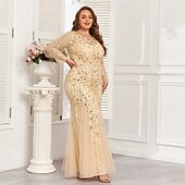 cheap Plus Size Dresses-Mermaid / Trumpet Evening Gown Sparkle Dress Formal Floor Length Long Sleeve Crew Neck Champagne Mother Of the Bride Dress Tulle with Embroidery 2025