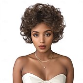 baratos Perucas de Qualidade Superior-Perucas sintéticas Trama Curly Encaracolados Corte em Camadas Com Franjas Fabrico à Máquina Peruca 12 polegadas A1 Cabelo Sintético Mulheres Elástico Legal Clássico Marrom Claro