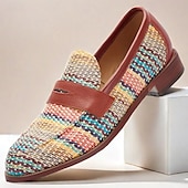 cheap Textured Weave Shoes-Men&#039;s Multicolor Woven Penny Loafers – Vintage Nylon Knit Slip-On Dress Shoes for Smart Casual Outfits