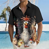 cheap Animal Print-Men&#039;s Animal Chick Funny Shirt Button Up Shirt Short Sleeve Fashion Casual Vacation Holiday Streetwear Summer Turndown 3D Print Collared Shirts Front One Pocket Black White Yellow Blue Purple