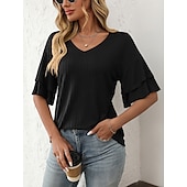 cheap Plain tee-Women&#039;s T Shirt Plain Fashion Modern Short Sleeve V Neck Regular Tops Daily Ruffle Black White Wine Sky Blue Fuchsia Summer