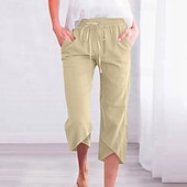 billiga Byxor-Dam Capribyxor Byxor av linne i bomull Byxor Streetwear Ledigt Vadlängd Naturlig Slät Ficka Elastisk dragsko-design Mateial som andas Mjuk Microelastisk Ledigt Dagliga kläder Svart Vit Mörkgrå Kaki