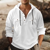 economico Vacanza-Per uomo Camicia Camicia di lino Camicia Estiva Camicia da Spiaggia Camicia con cappuccio Semplice Casuale Quotidiano Nero Bianco Marrone Cachi Manica Lunga Con Cappuccio Primavera &amp; Estate