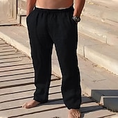 cheap Holiday-Men&#039;s Linen Pants Trousers Summer Pants Beach Pants Pocket Drawstring Elastic Waist Plain Comfort Breathable Vacation Daily Holiday Hawaiian Boho Black Navy Blue