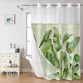 baratos Cortinas de Banho-Cortina de Chuveiro Texturizada em Malha de Waffle com Folhas com Forro Removível e Janela Transparente Repelente à Água em Poliéster Topo com Ilhós 120GSM Qualidade de Hotel Estilo Spa Divisão de